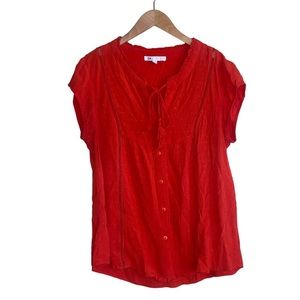 DR2 Button Down Cap Sleeve Ruffle Collar Red Dot Textured Gauze Blouse Size M
